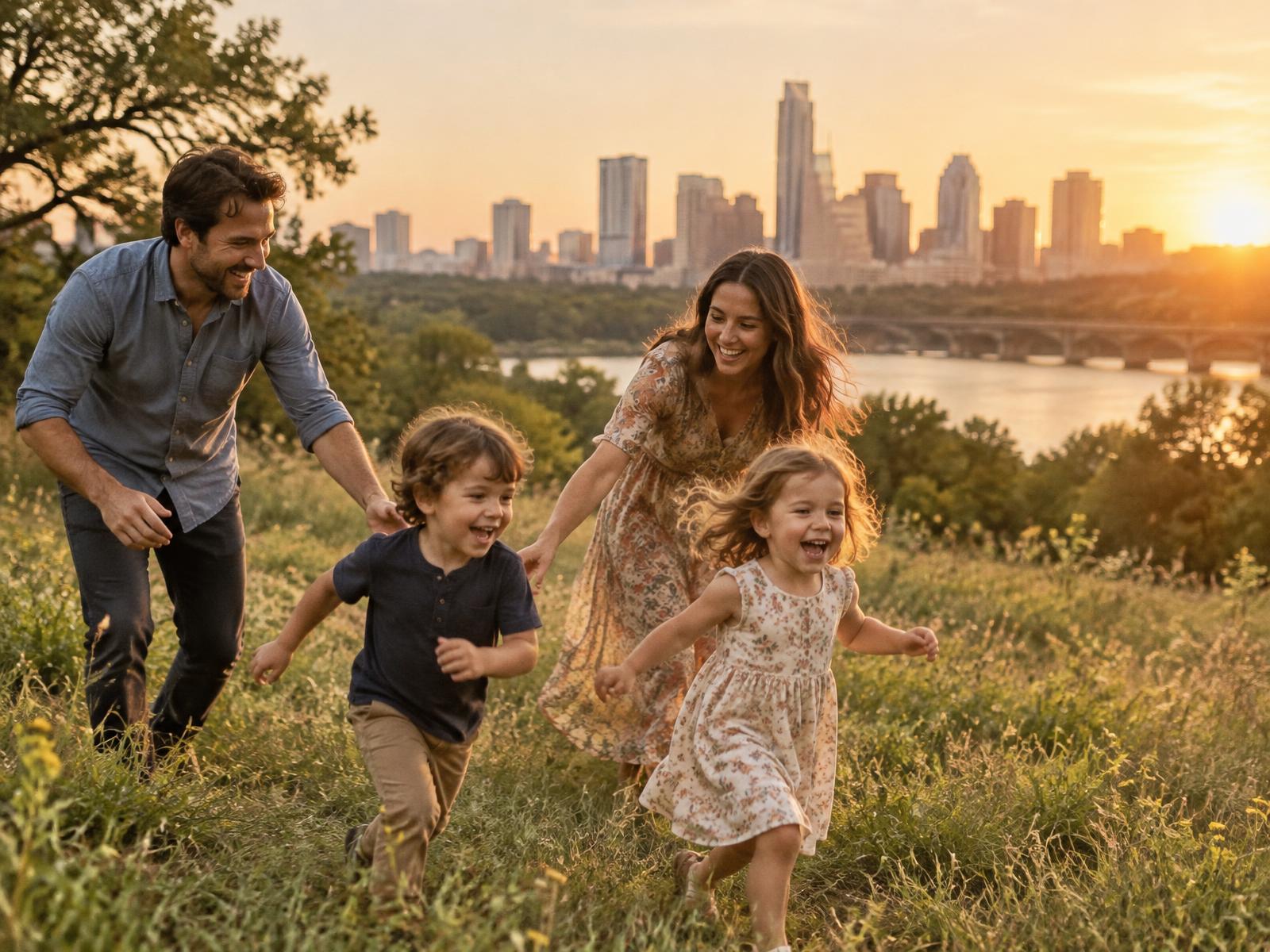 Family running together through a meadow at sunset